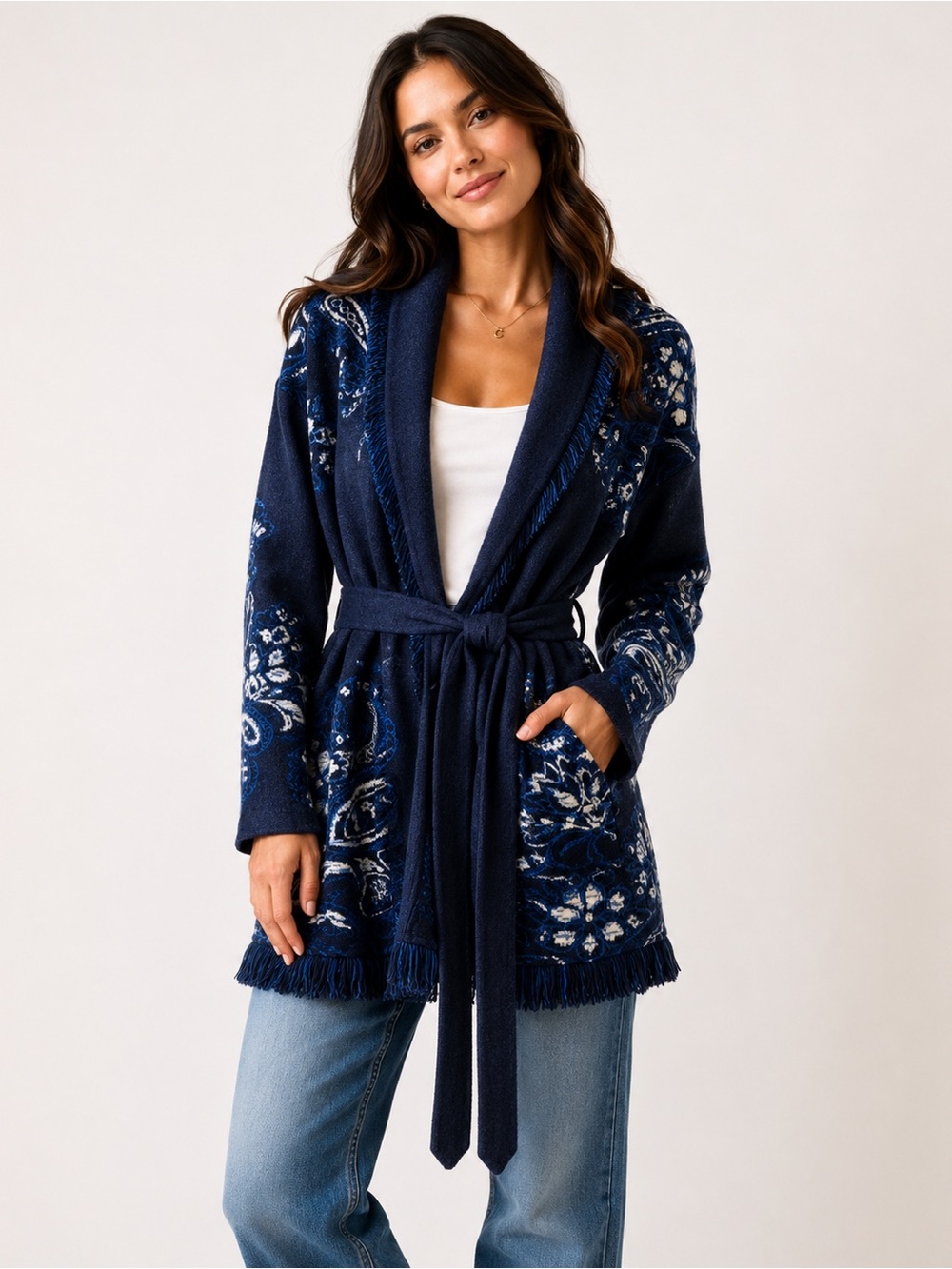 Chico’s Paisley Fringe Belted Cardigan Sweater Jacket | Size 2 (US Large) - Picture 9 of 9